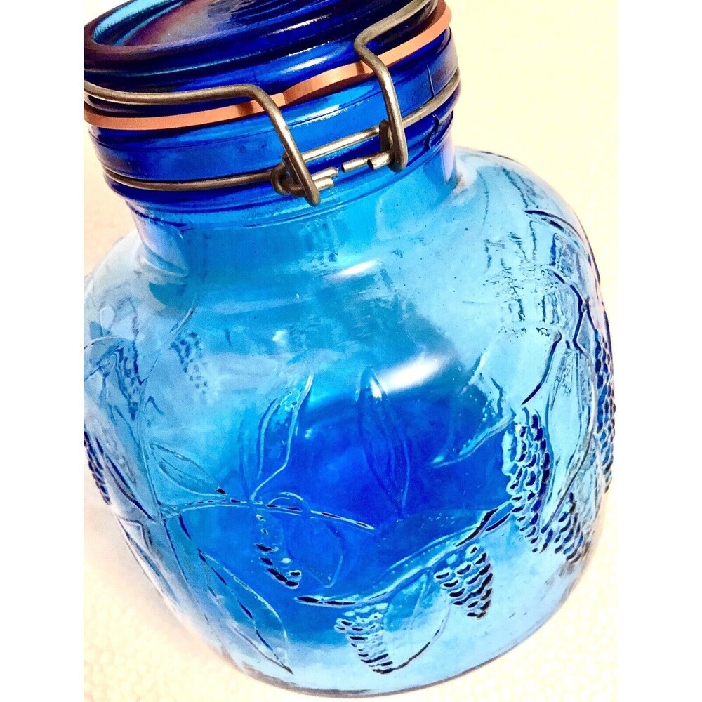 Colbalt Blue Apothecary Glass Jar Wire Bail Embossed Fruit Grapes Crownford 1983